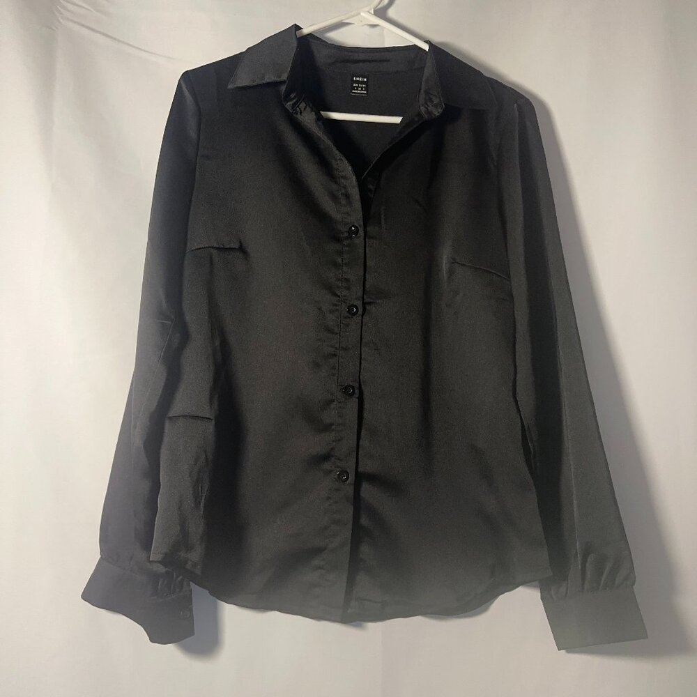 Shein Black Satin Button Down Blouse Size S